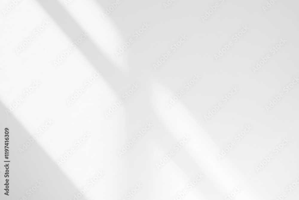 Poster Abstract light reflection and grey shadow from window on white wall background. Gray window shadows and sunshine stripe diagonal geometric overlay effect for backdrop and mockup design