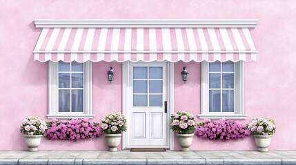 Pink Shop Front with Striped Awning and Flowers
