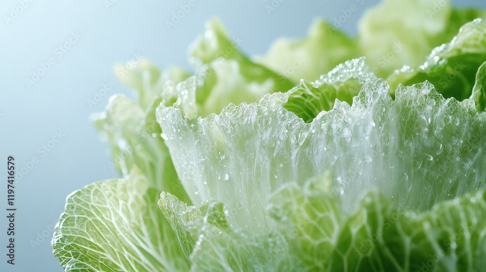 Poster Isolated on white background a cut section of lettuce revealing its layered structure and vibrant green color Stock Photo with side copy space