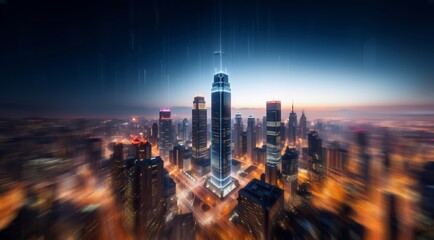 Fototapeta premium Modern building street view, tech AI elements, realistic style, vibrant city lights, modern architecture, neon signs, modern business district urban setting, skyscrapers, reflective glass.