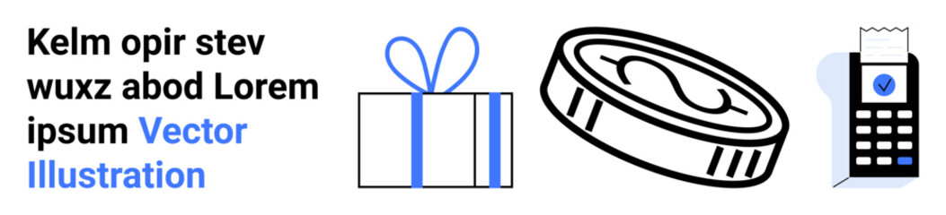 Gift box, coin with dollar sign, and receipt with checkmark. Ideal for online shopping, e-commerce platforms, transaction confirmation, reward programs, digital payments, retail marketing sales