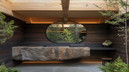 Modern Bathroom with Dark Wood Paneled Walls and Unique Floating Stone Sink