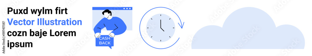 Poster man with text display, analog clock with arrow encircling, large cloud shape. ideal for time managem