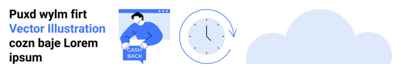 Man with text display, analog clock with arrow encircling, large cloud shape. Ideal for time management, productivity, user interactivity, remote work, tech solutions, workflow optimization, project