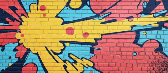 Obraz premium Vibrant Pop Art Mural with Yellow Red and Blue Explosive Design on Urban Brick Wall Ideal for Business Celebrations and Corporate Events