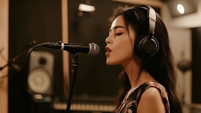 beautiful asian woman singer recording song in studio