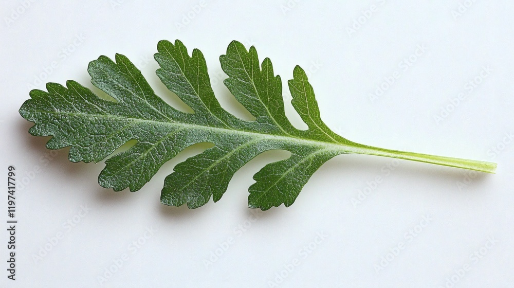 Poster Isolated on white background a single lettuce leaf with visible veins and delicate edges Stock Photo with side copy space