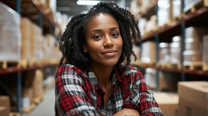 A calm and composed woman in a warehouse, addressing logistical concerns with a pragmatic and practical approach.