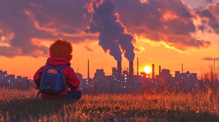 Obraz premium Child Observing Smoky Industrial Factory in Golden Field – Environmental Impact Concept 35