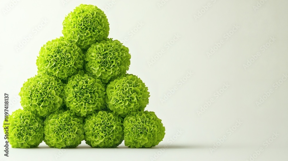 Poster Isolated on white background a stack of lettuce heads arranged in a pyramid form emphasizing freshness Stock Photo with side copy space