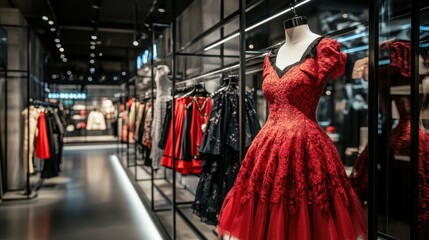 Naklejka premium Elegant Red Lace Dress in Boutique Setting
