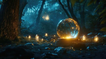 Fototapeta premium Crystal ball illuminated in a mystical forest setting, surrounded by glowing crystals and soft blue lighting, with empty space for text.