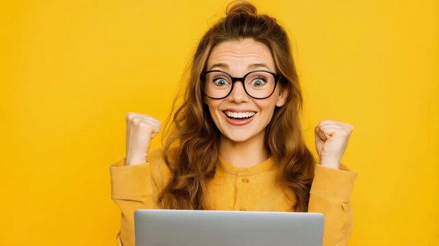 surprised young woman with laptop on yellow background