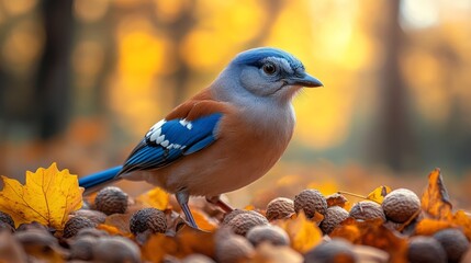 A vibrant blue and brown bird perched amidst autumn leaves and acorns.