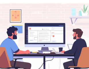vector illustration of 2 guys sitting in office at table near computer