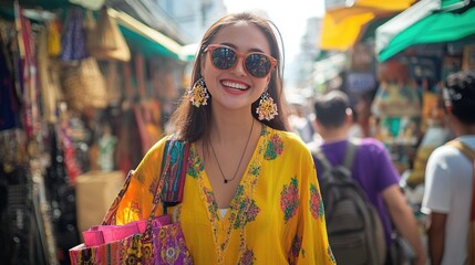 A cheerful female tourist holding a shopping bag, enjoying her visit to Chatuchak Market in Bangkok, surrounded by colorful shops and lively crowds.