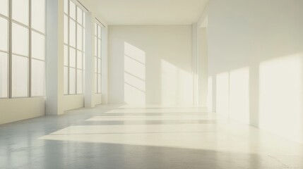 Spacious Minimalist Office Interior with Bright Natural Light and Pristine White Walls Creating an Uncluttered Workspace Ideal for Design and Creativity