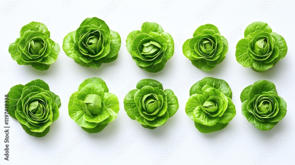 Poster isolated on white background a row of lettuce heads arranged side by side highlighting their symmetr