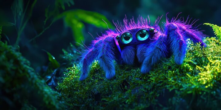 Purple and blue spider is sitting on a green mossy ground - Powered by Adobe