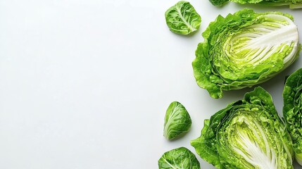 Obraz premium Isolated on white background a vibrant lettuce head cut in half showing intricate patterns of leaves Stock Photo with side copy space