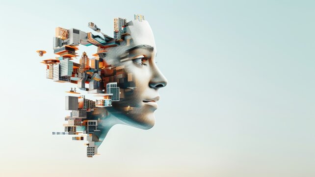 A digital artwork depicting a profile of a human face composed of abstract cityscape elements, symbolizing the fusion of technology and humanity.