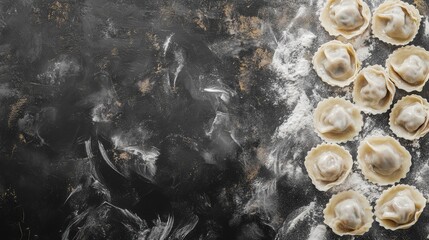 Obraz premium Aesthetic composition of boiled ravioli dumplings on a dark textured background with flour dusting and ample empty copyspace for text placement