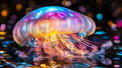 Translucent Jellyfish with Neon Glow in Dark Ocean