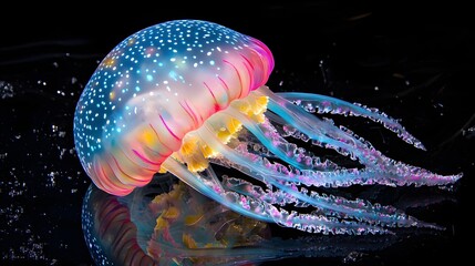 Translucent Jellyfish with Neon Glow in Dark Ocean