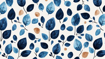 Fototapeta premium Watercolor seamless pattern with blue and brown leaves on white background.
