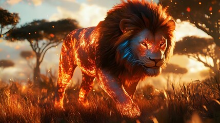 Lion Ablaze in Fiery Savannah
