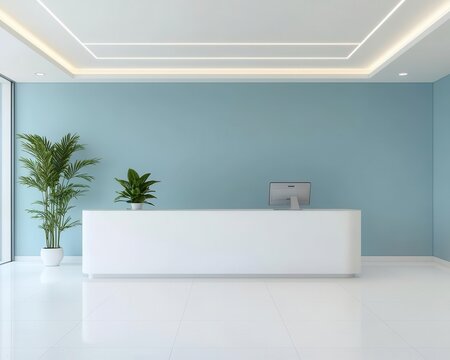 Bright and modern bank space with counters designed with glossy white finishes and soft blue accents