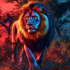 Majestic Lion with Glowing Mane at Sunset