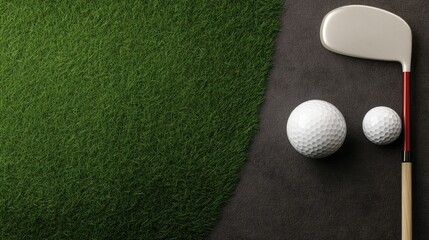 A top view of a putter and two golf balls resting on vibrant green grass, offering a perfect opportunity for design or text additions