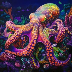 Neon Octopus Surrounded by Colorful Coral Reef