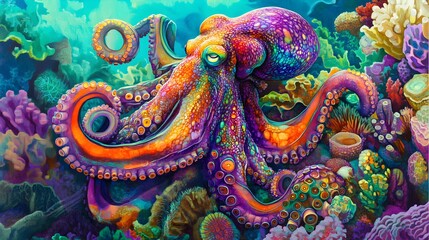 Neon Octopus Surrounded by Colorful Coral Reef