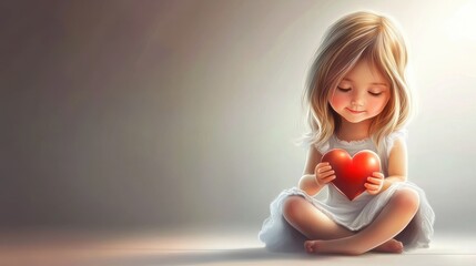 Cute little girl sitting on the floor and holding a heart. Vector illustration.