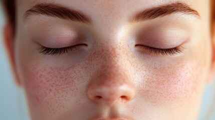Fototapeta premium Serene close-up of youthful skin with closed eyes, showcasing soft freckles and natural beauty, illuminated by gentle studio lighting for skincare concepts.