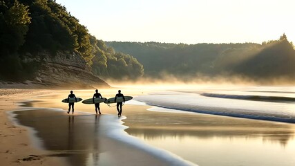 First Time Surfers Helping Each Other on Sandy Beach at Sunrise