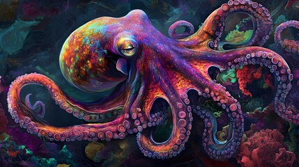 Neon Octopus Surrounded by Colorful Coral Reef