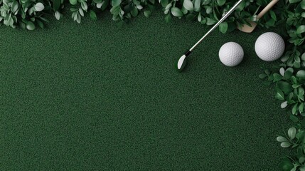 A top view of a putter and two golf balls resting on vibrant green grass, offering a perfect opportunity for design or text additions