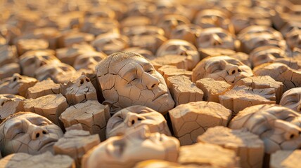 Obraz premium A surreal landscape featuring numerous sculpted heads emerging from a sandy ground, creating an eerie and thought-provoking scene.