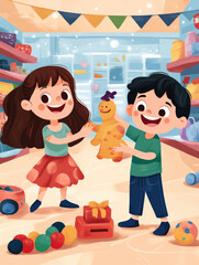 Group of kids playing in a colorful toy store with banners and decorations, symbolizing joy, fun, and childhood, perfect for branding or childrens marketing posters.