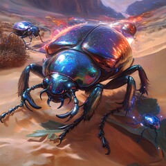 Iridescent Beetle on a Leaf with Vibrant Lighting