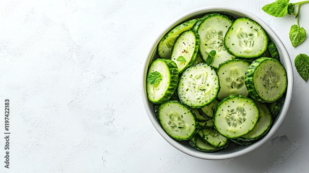 Aufkleber Isolated on white background a bowl of cucumbers including whole and sliced pieces for a balanced composition Stock Photo with side copy space