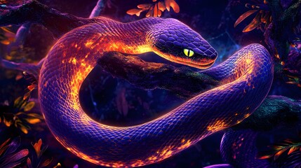 Neon-Colored Snake Coiled on a Tree Branch