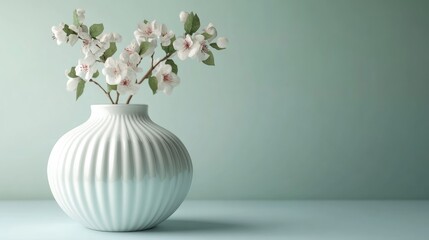Elegant White Ribbed Ceramic Vase with Delicate Pink and White Flowers Against a Soft Green Background Natural Light and Copyspace for Text Placement