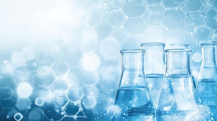 Modern laboratory setting in a Biopharmaceutical Research Center featuring clear glass flasks, blue tones, and abstract hexagonal patterns with light bokeh effects.