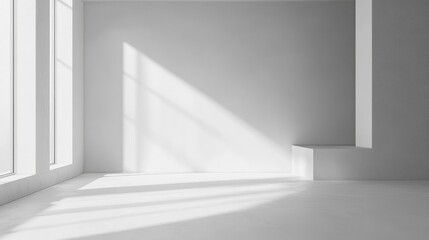Obraz premium Minimalist White Bedroom Interior with Soft Shadows and Natural Light Falling on Smooth Walls, Ideal for Text Placement in Contemporary Design
