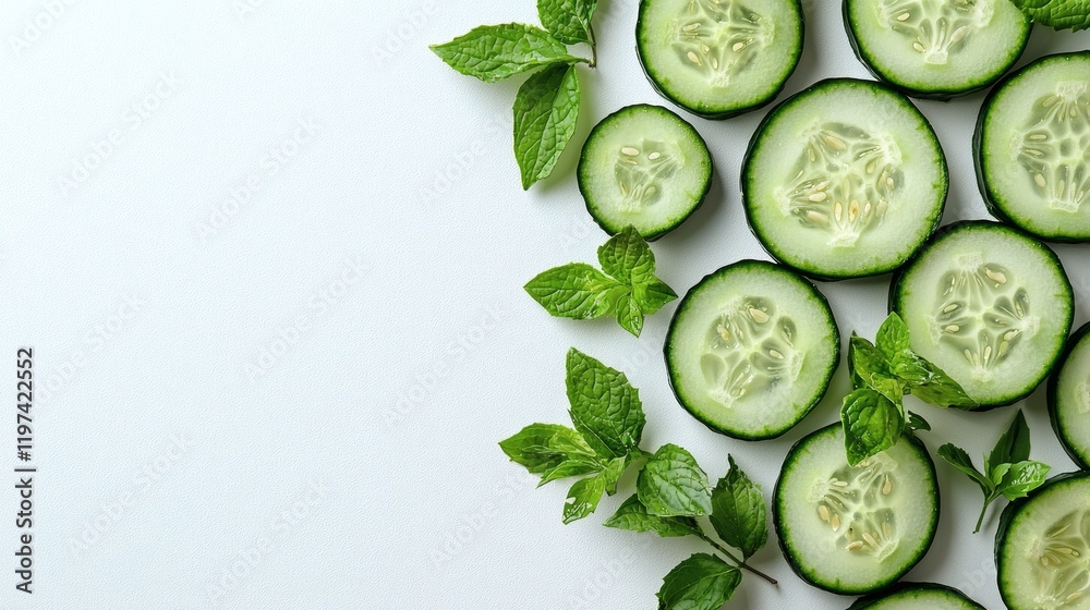Poster Isolated on white background a long cucumber cut into slices displayed in a linear arrangement Stock Photo with side copy space