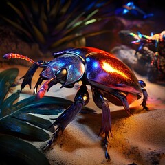 Iridescent Beetle on a Leaf with Vibrant Lighting